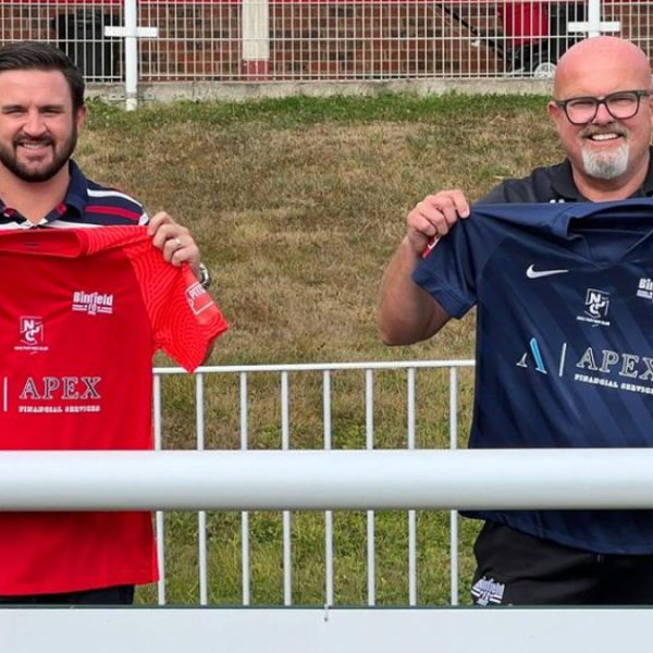 Matt Jones of Apex Financial Services and Binfield FC chairman Andy Cotton.